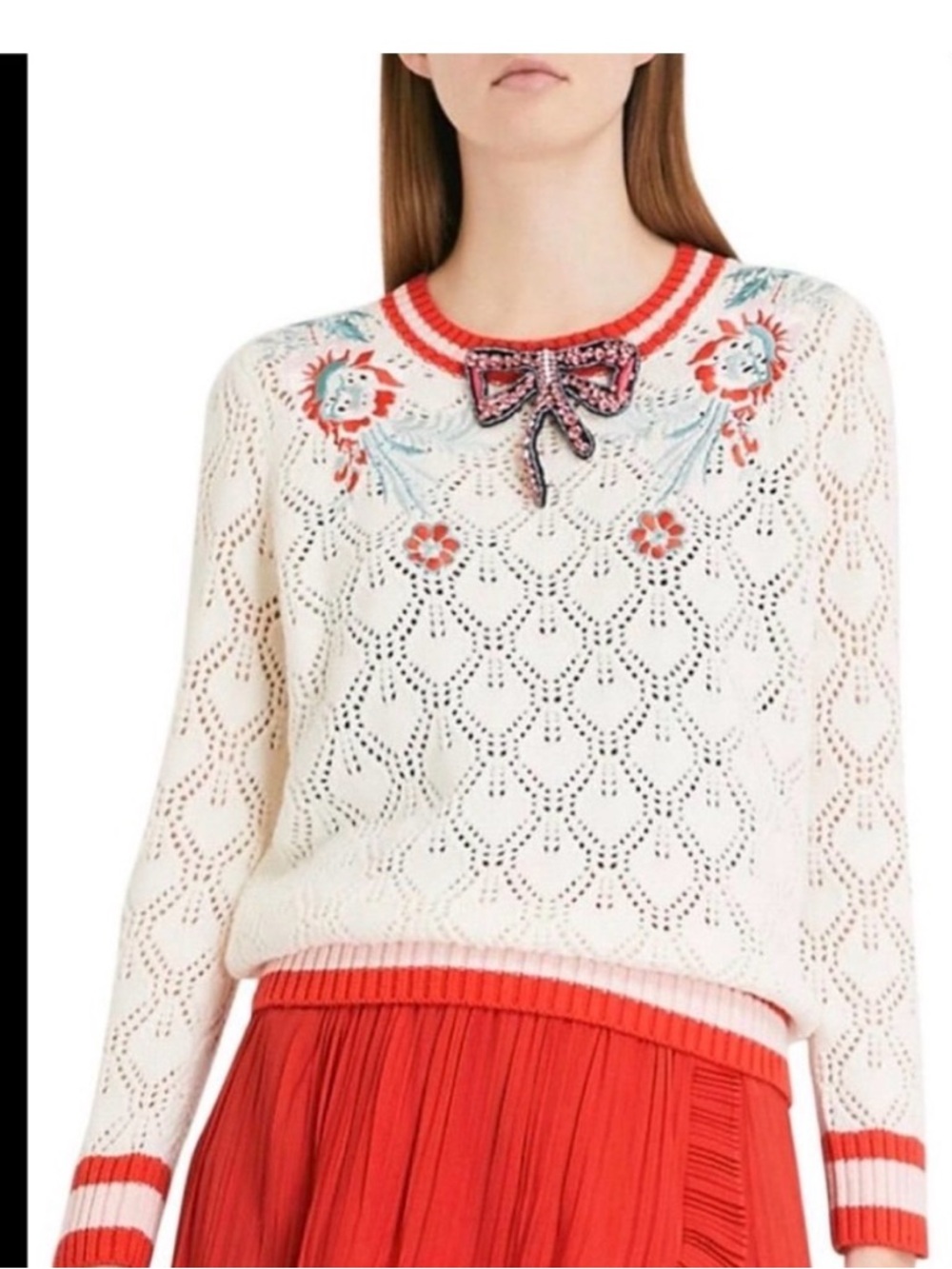 Solddddd itemMaje Cream Open-Knit Sweater with Red Trim and Blue Floral Embroi